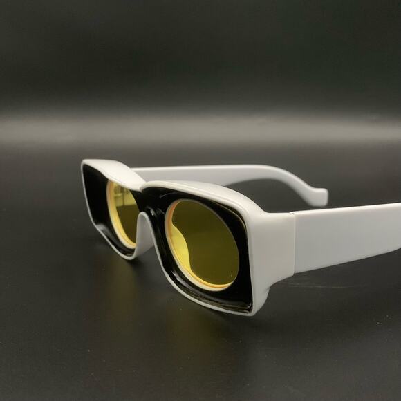 NEW Avant Garde Black & White Square Frame Sunglasses with Round Yellow Lenses - Picture 4 of 12